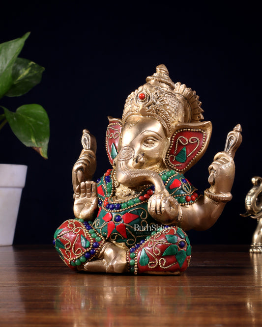 Taj Ganesha Brass Sculpture with floral stonework 6"