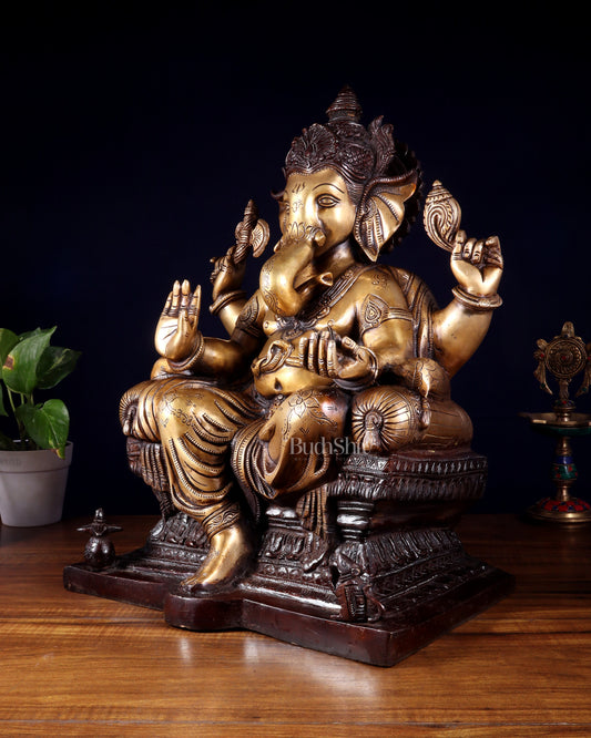 Ganesha Pure Brass Superfine statue with enhanced carvings - 18" dual toned