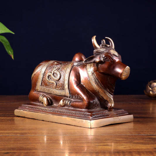 Pure Brass Nandi Statue with Shiva Lingam and vasuki Carvings – Copper Tone Finish 8.2"