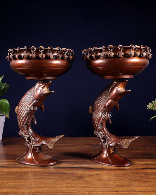 Pair of Designer Brass Jumping Dolphin Urli Bowls with Ghungroos | Festive Décor & Auspicious Gifting