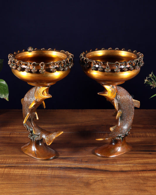 Pair of Designer Brass Jumping Dolphin Urli Bowls with Ghungroos | Festive Décor & Auspicious Gifting