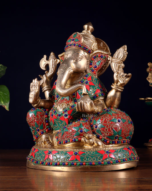 Brass Lord Ganesha Idol with Floral Stonework | Unique Handcrafted Design 9.5"