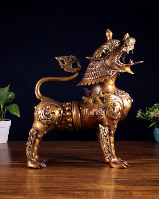 Vintage Brass Tibetan Snow Lion Statue 14.5 inch