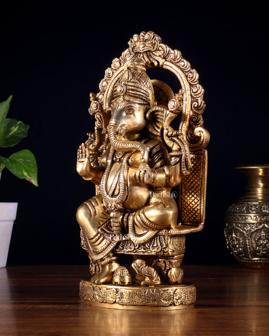 Pure Brass Lord Ganesha Seated on a Throne Statue 10"