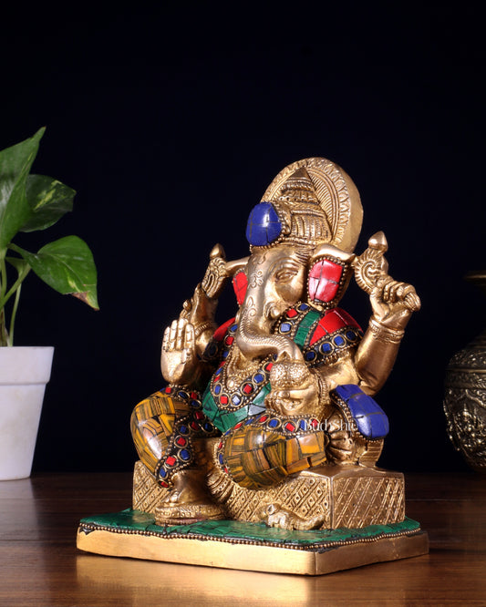Brass Lord Ganesha Idol with Stonework | Height 7.5 inch
