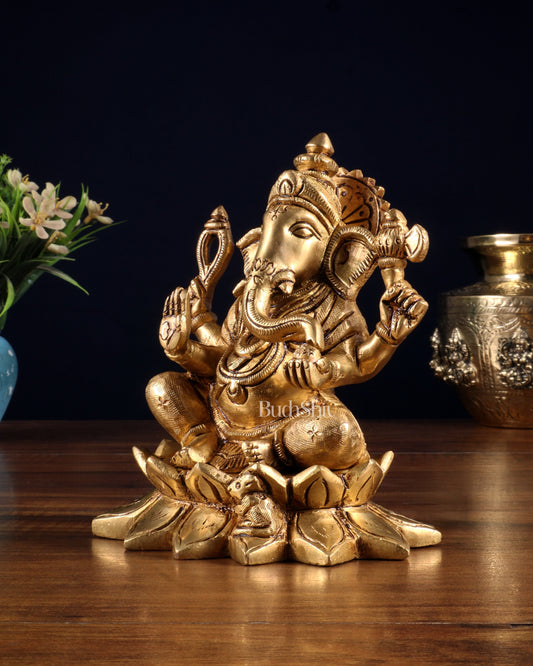 Pure Brass Ganesha in Lotus Base Idol - 5.5"
