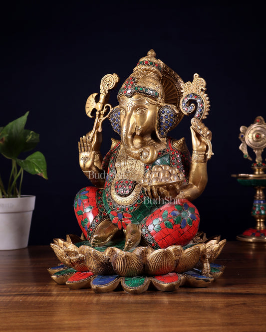 Pure Brass Ganesha Idol Seated on Lotus base | 12"