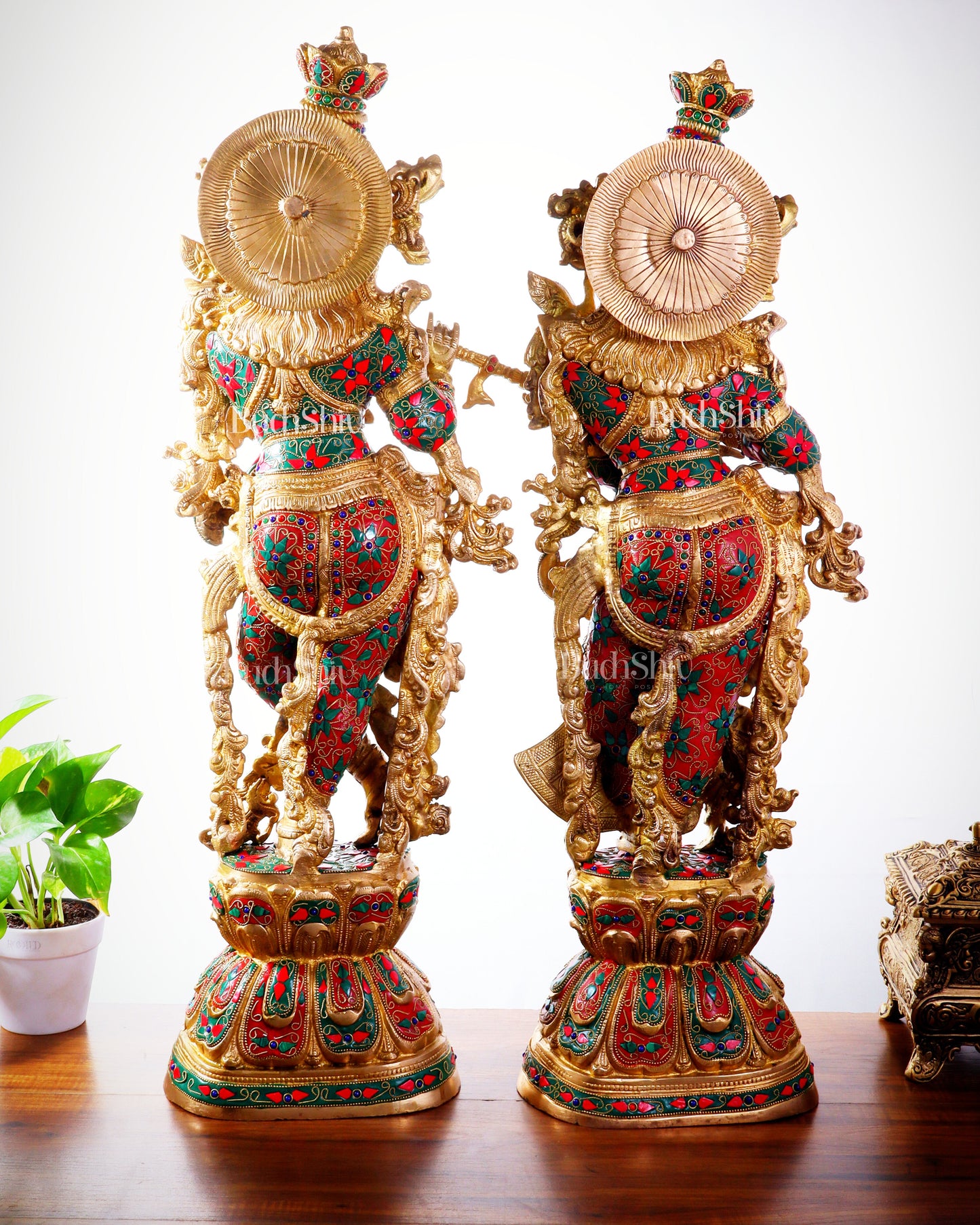 Pure Brass Radha Krishna Statue | 30" Floral stonework