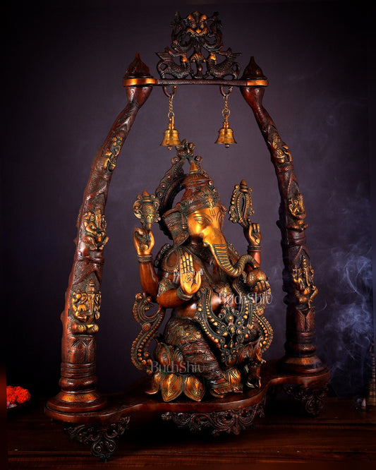 Brass Lord Ganesha Sculpture with Engraved temple Pillars - 35 Inch