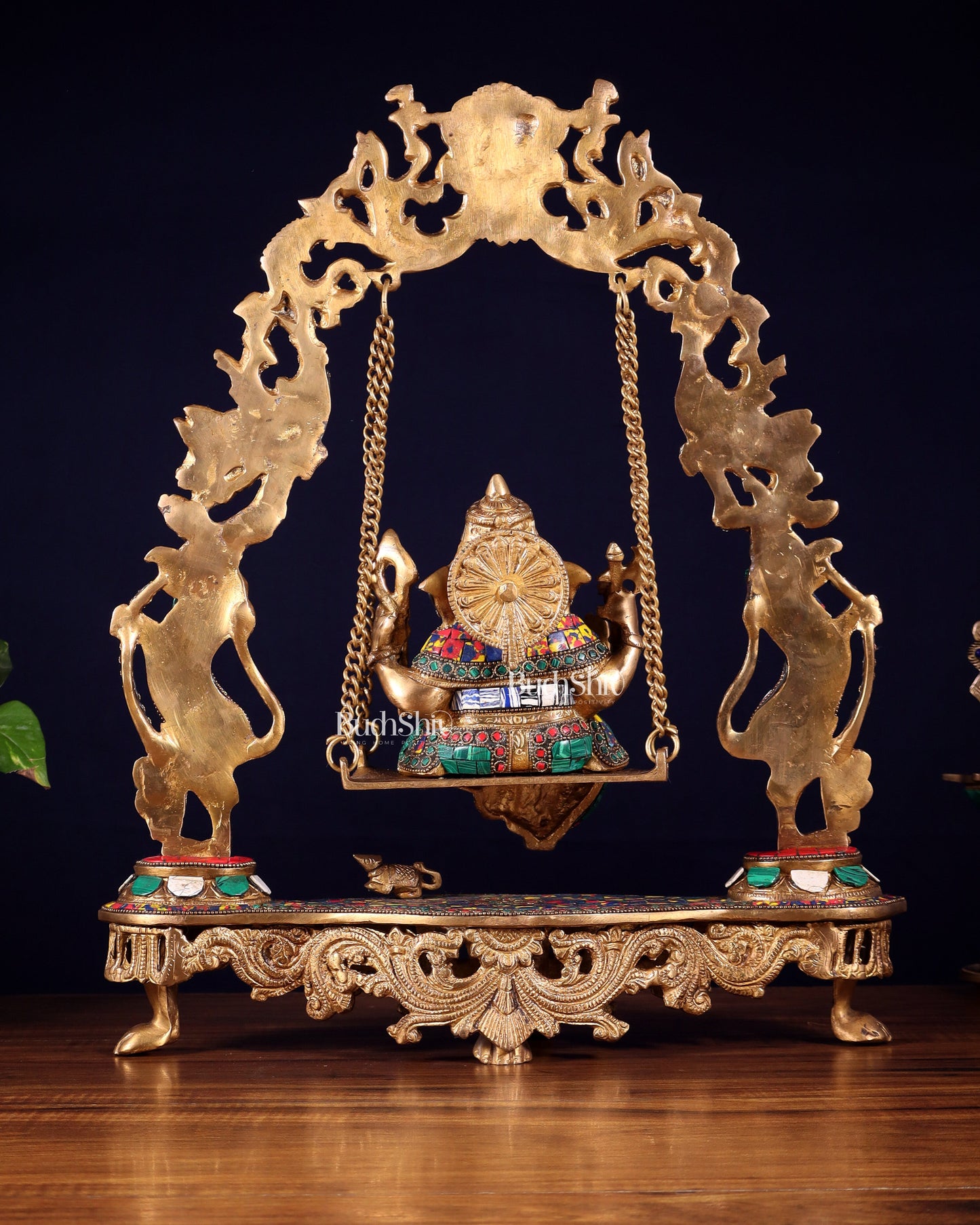 Elegant Brass Lord Ganesha Swing with Multicolor Stonework - 18 Inches