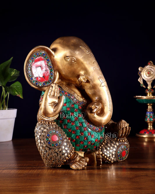 Pure Brass Modern Ganesha Idol with Abstract Design and Stonework 9.5"