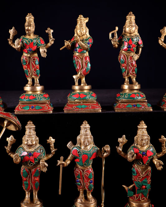 Pure Brass Vishnu Dashavatar Idol Set – Traditional, 6" stonework