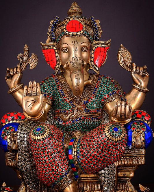 Ganesha Pure Brass statue with stonework - 18"