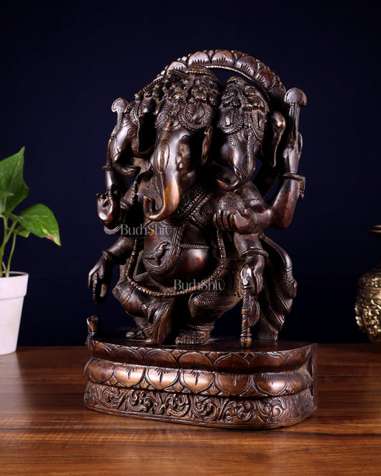 Vintage Brass Trimukha dancing Ganapati Sculpture | Three-Faced Lord Ganesha | 12"