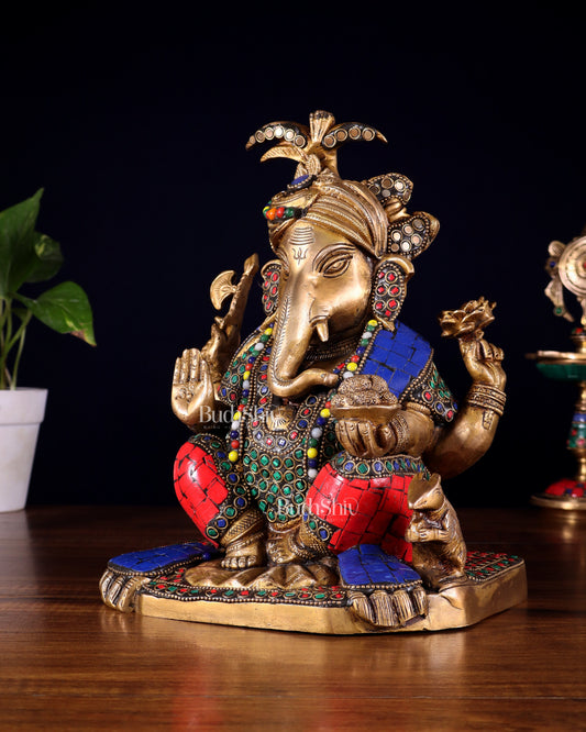 Brass Lord Ganesha Statue with Meenakari Stonework – 9.5"