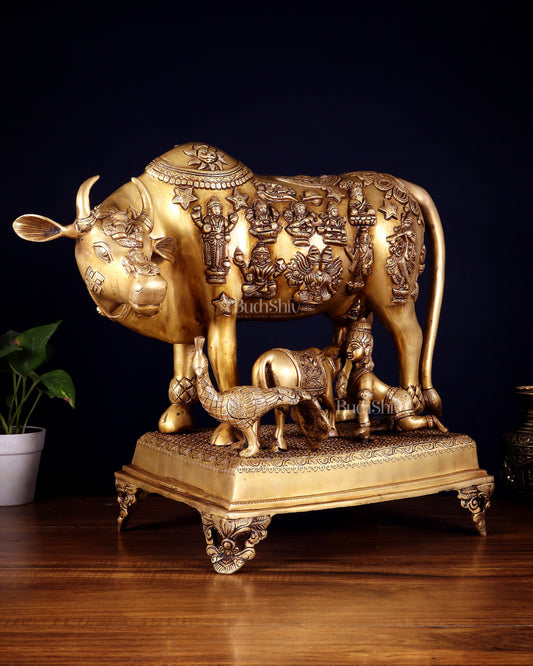 Brass Kamdhenu cow with calf idol large 20 inch