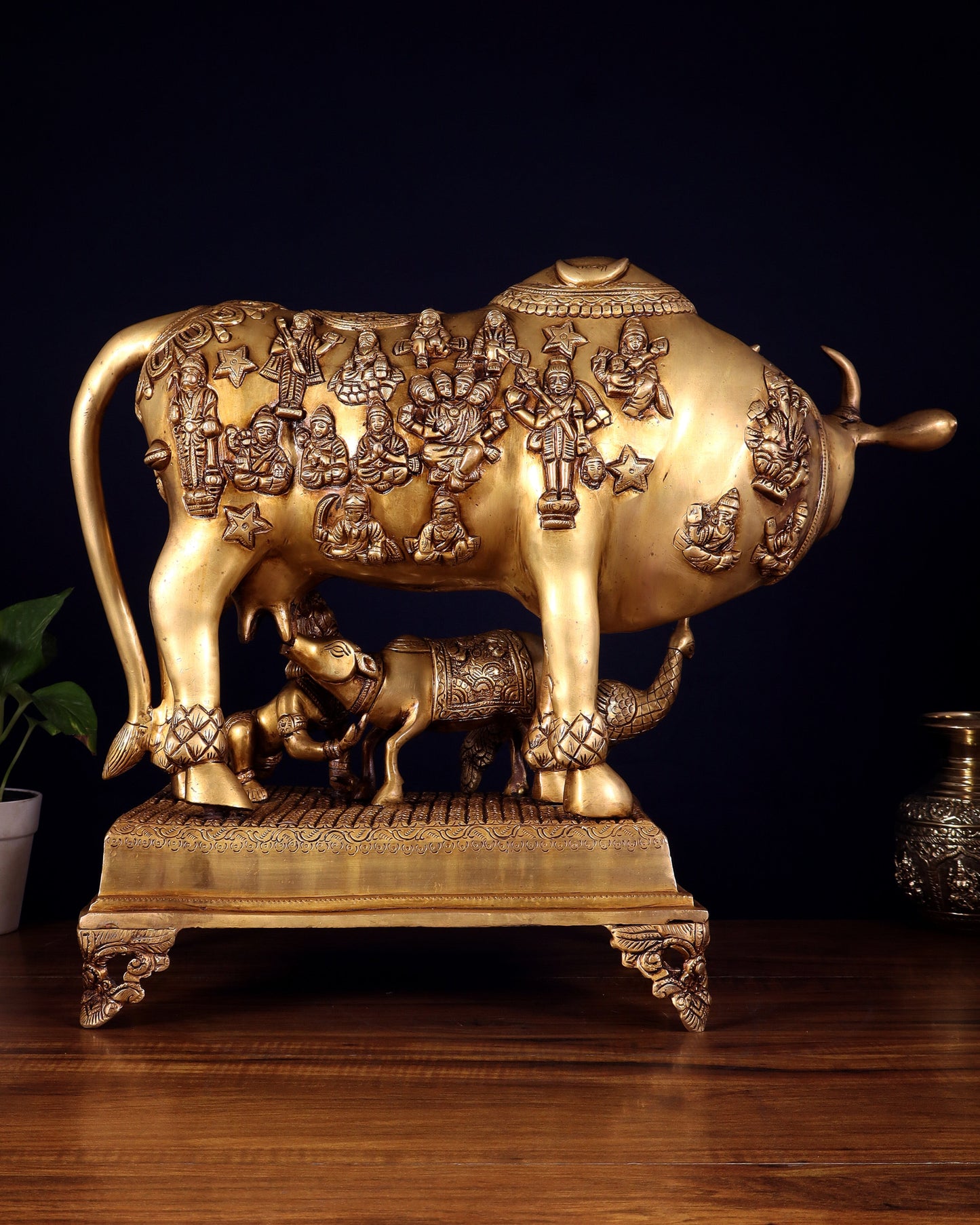 Brass Kamdhenu cow with calf idol large 20 inch