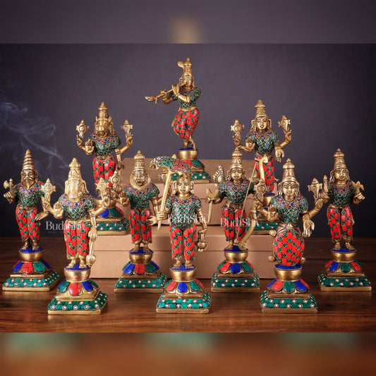 Brass Vishnu Dashavatar idols set 10 inch with Stonework