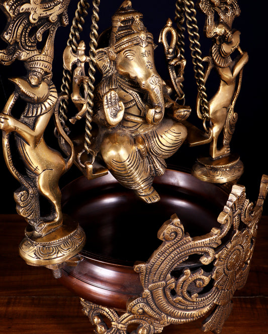 Pure Brass Lord Ganesha on a Swing Urli – Dual Tone Finish 20"