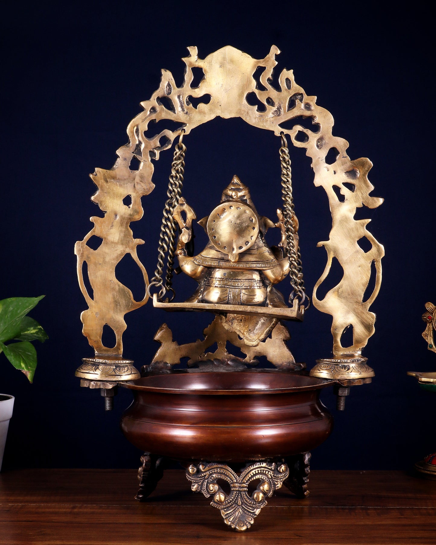 Pure Brass Lord Ganesha on a Swing Urli – Dual Tone Finish 20"