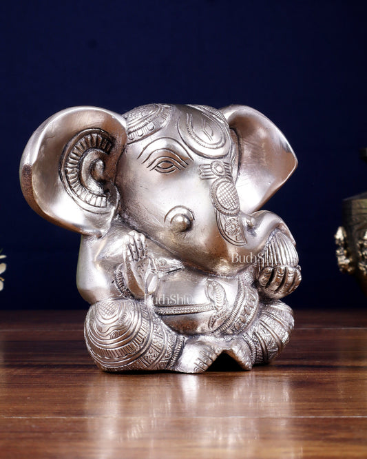 Pure Brass Ganesha Superfine Statue Big ears 6" silver plated