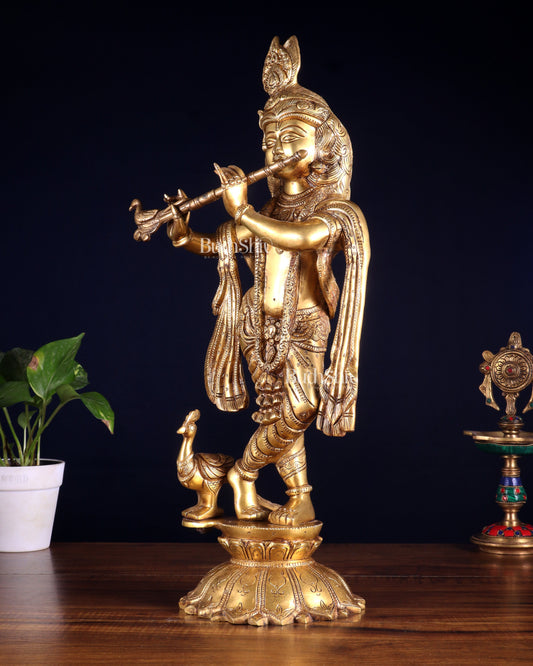 Brass Krishna Standing on a Lotus Base – Pure Brass Unique Sculpture 19"