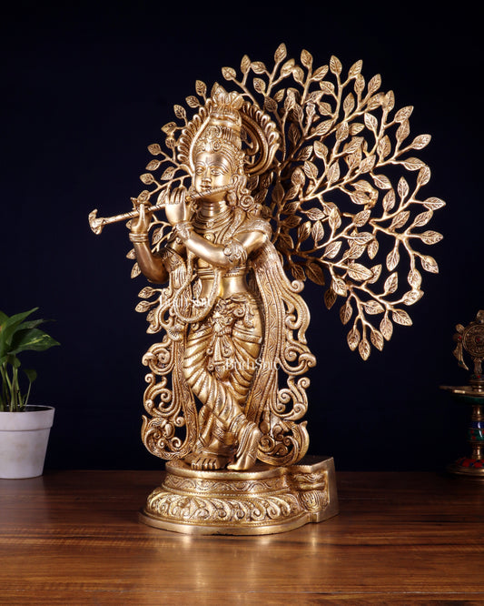 Pure Brass Lord Krishna with Kalpavriksha tree Statue 23"