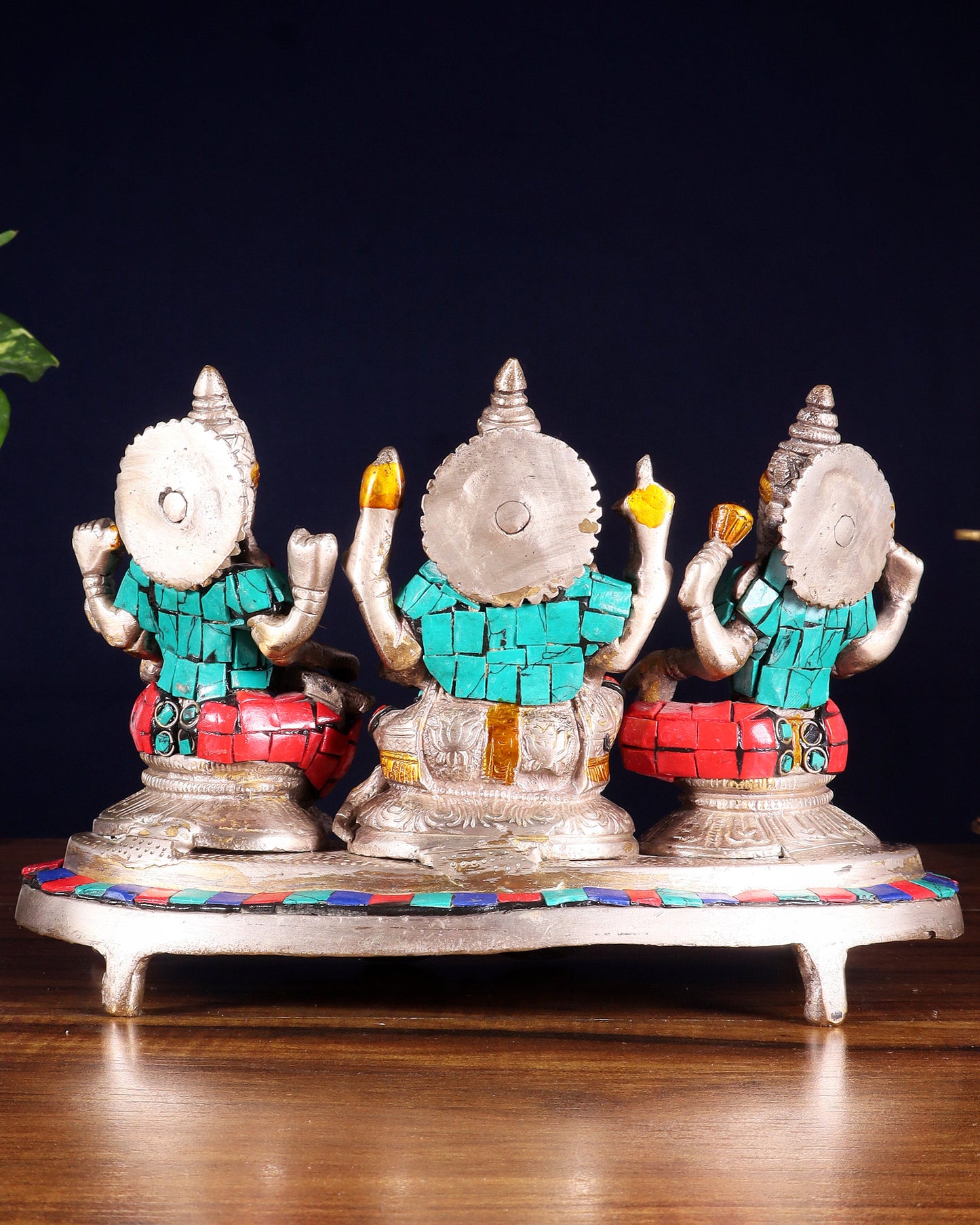 Ganesha Lakshmi Saraswati Brass Silver plated Idol with stonework 6.5"