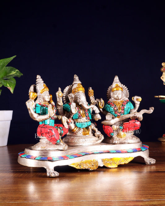 Ganesha Lakshmi Saraswati Brass Silver plated Idol with stonework 6.5"