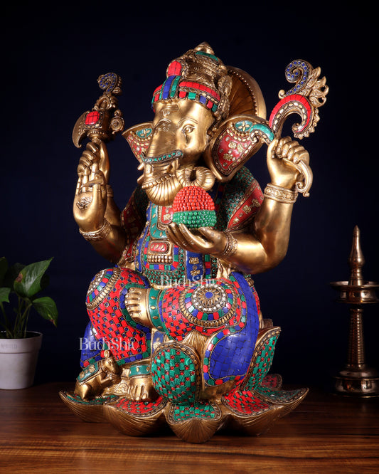 Pure Brass Lord Ganesha Statue - Seated on Lotus, 22" with stonework