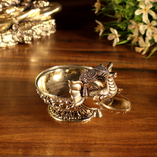 Beautiful Superfine Brass Elephant Face Design Diya – Intricate Carvings