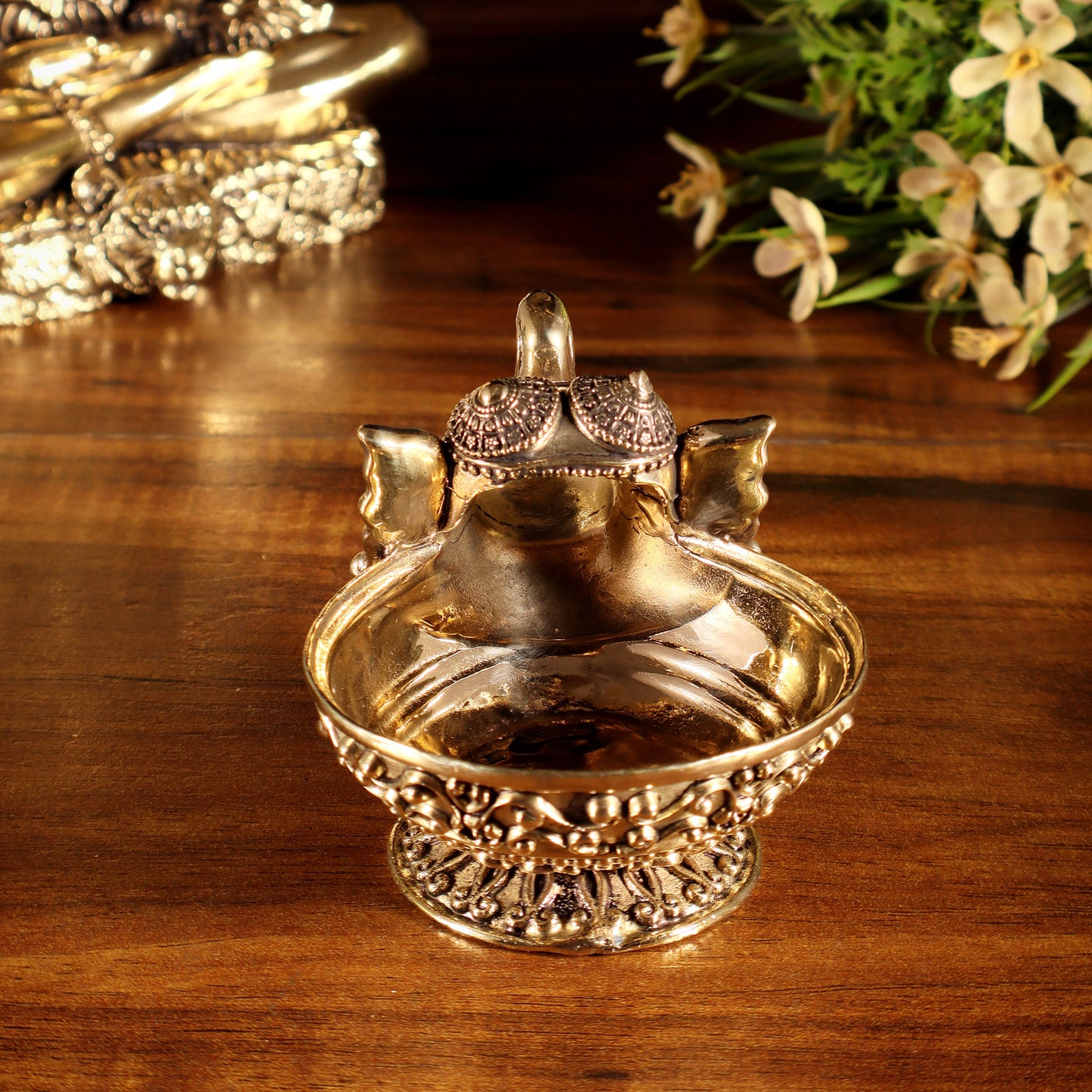 Beautiful Superfine Brass Elephant Face Design Diya – Intricate Carvings