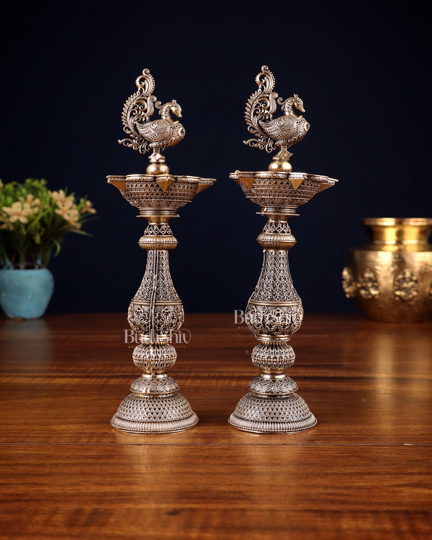 Pure Brass Superfine Annam Design Peacock samai diya – Intricate Design 8 inch pair
