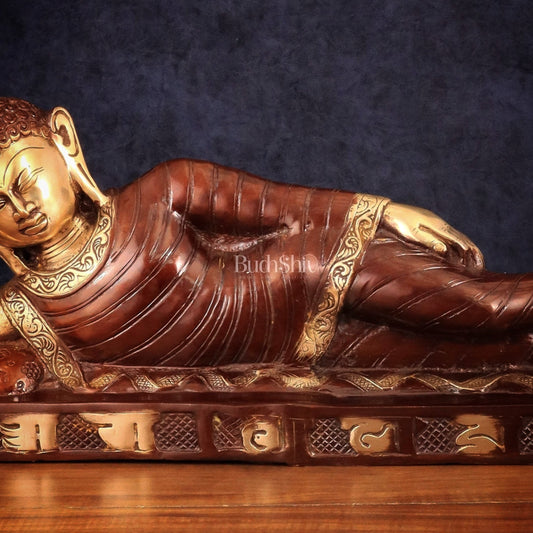 Brass Reclining sleeping Buddha Sculpture in Unique Dual Tone 20 inch