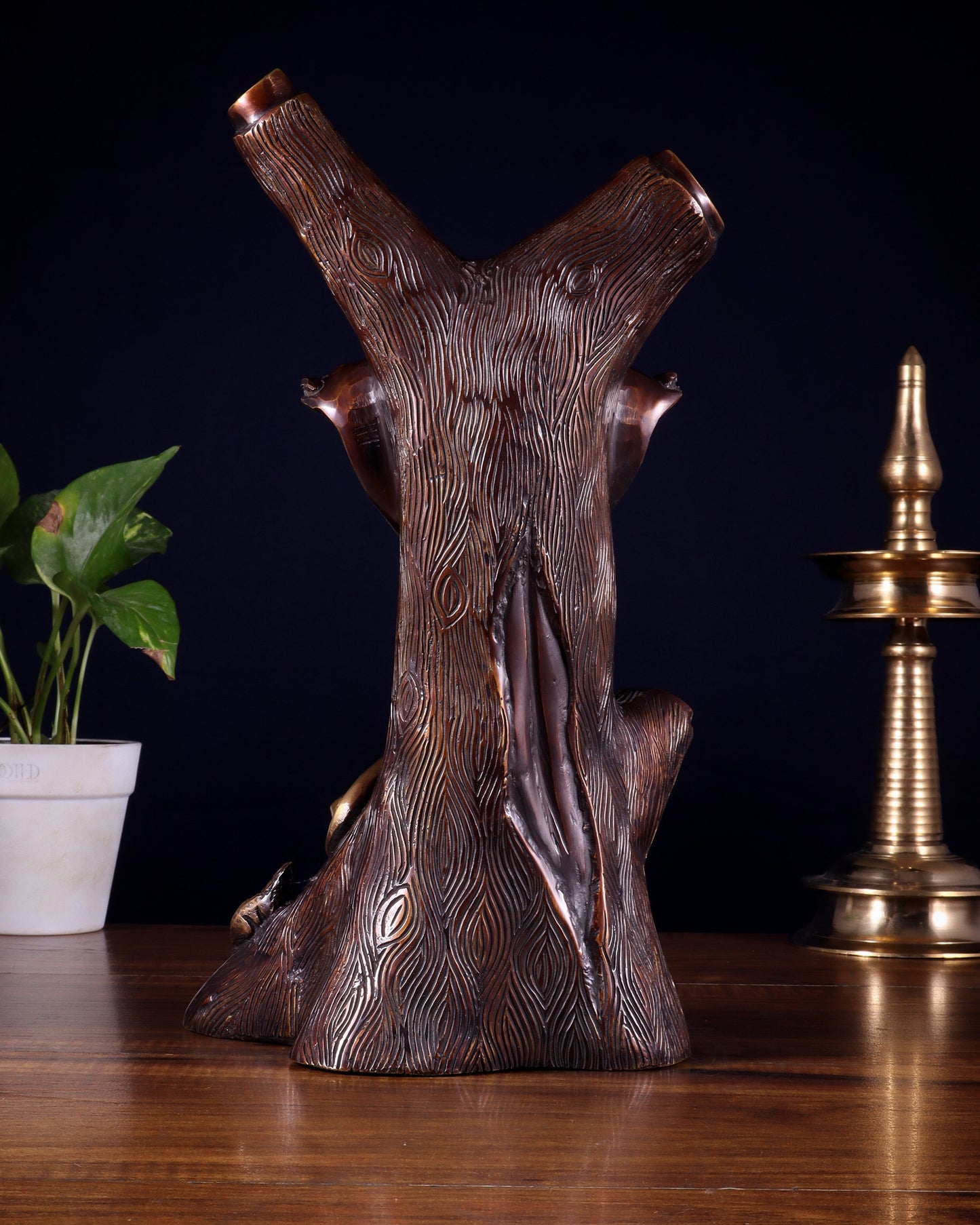 Unique Brass Ganesha Statue Carved in Tree – 12" Height