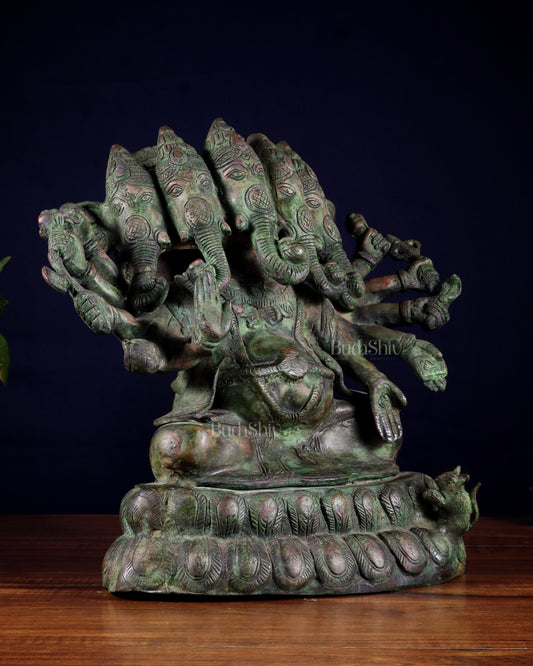 Pure Brass Large Panchmukhi Ganesha Statue - Vintage Green Patina, 13"