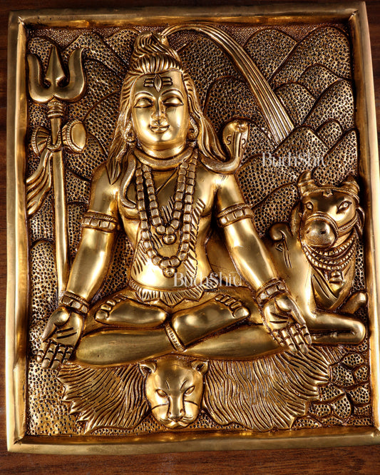 Pure Brass Lord Shiva in Meditation with Nandi – 3D Wall Hanging 11 inch