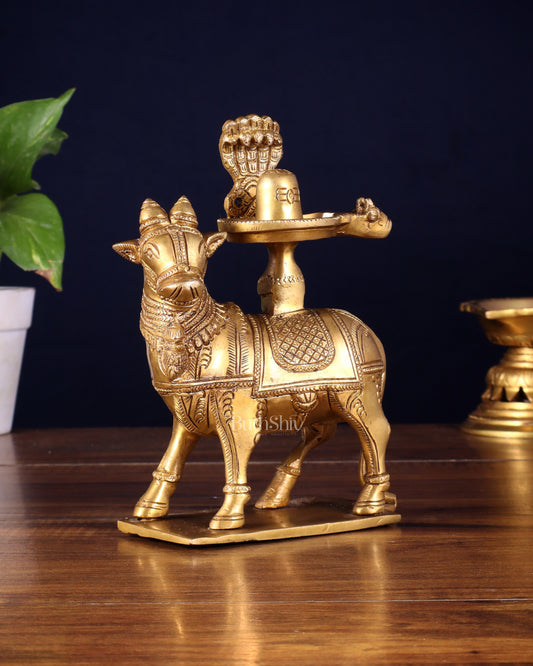 Brass standing Nandi with Shiva Lingam | 7 inch