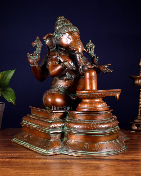Pure Brass Ganapati with Shiv Ling Statue 14.5 Inch