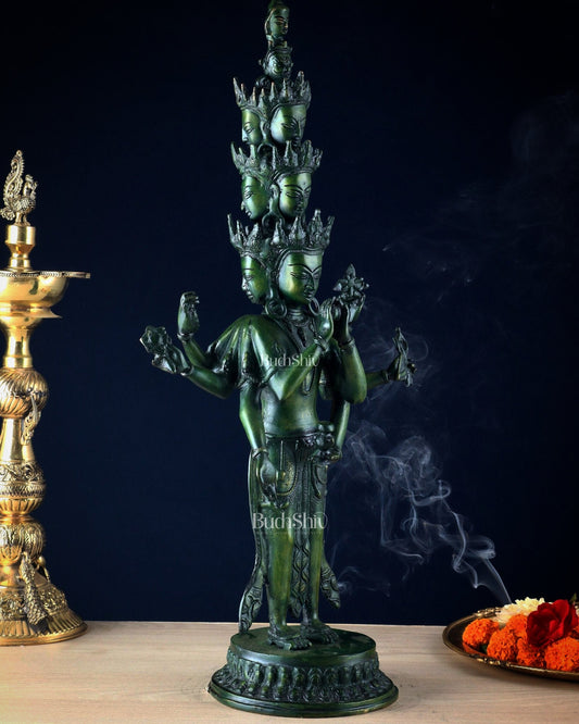 Eleven-Headed Eight-Armed Avalokiteshvara Statue in Brass – Antique Green Patina, 23.2"