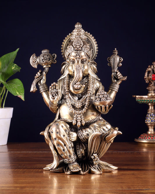Superfine Brass Ganesh Lakshmi Saraswati Idol Set – 10 Inch