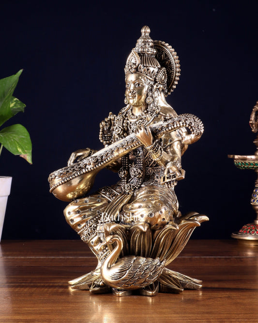 Pure Brass Goddess Saraswati Idol – 10 Inch | Intricately Handcrafted