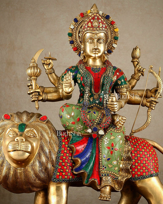 Brass large Durga ma ambe Statue – 24 Inches, Meenakari Stonework