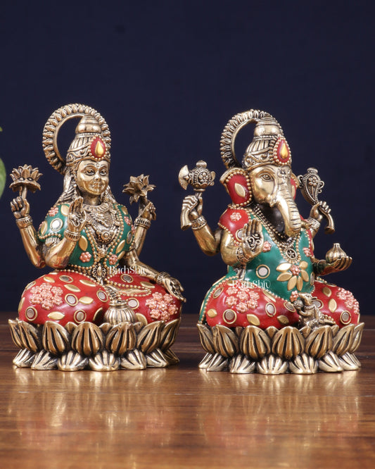 Pure Brass Intricate Ganesha Lakshmi Idols - meenakari Stonework - 5 inch