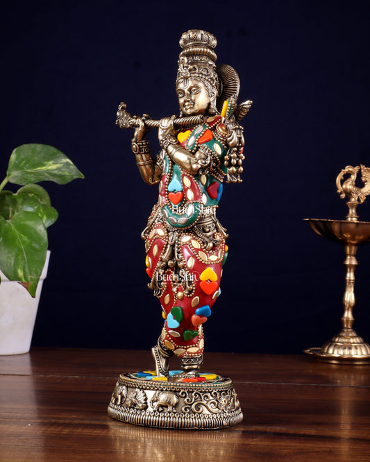 Brass Superfine Lord Krishna Idol with Meenakari Stonework – 9.5 Inch