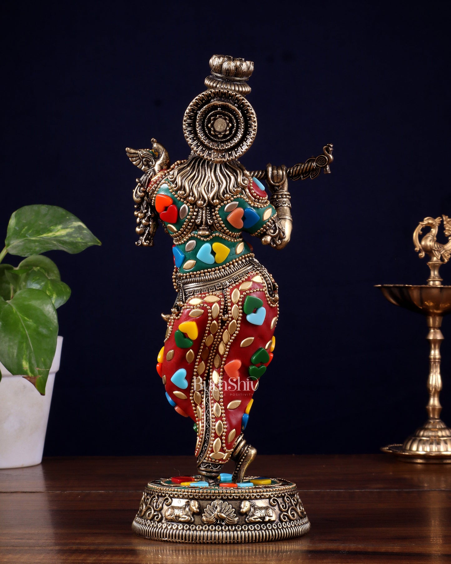 Brass Superfine Lord Krishna Idol with Meenakari Stonework – 9.5 Inch