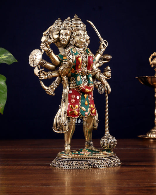 Brass Superfine Standing Panchmukhi Hanuman Idol 8" meenakari Stonework