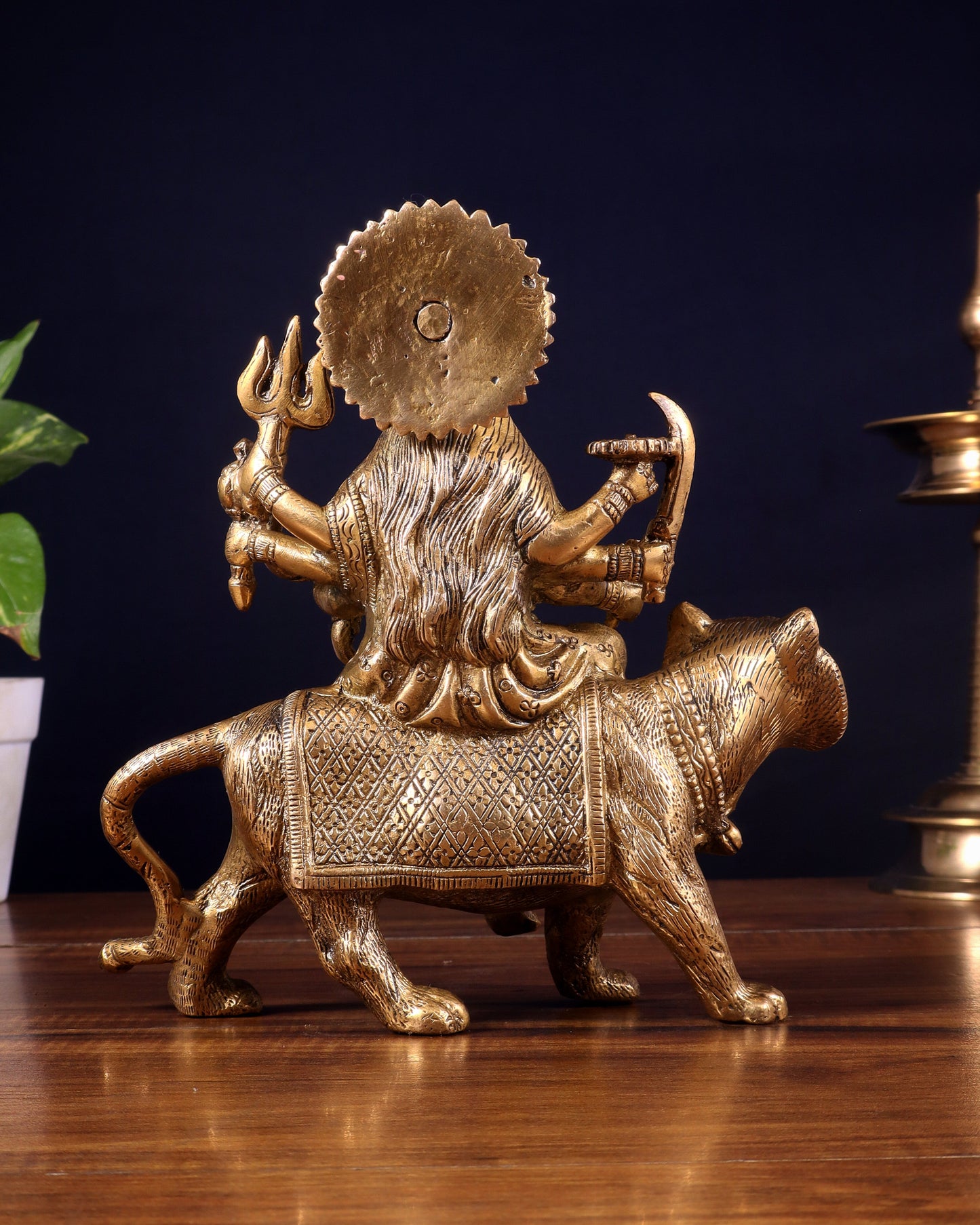 Pure Brass Goddess Durga on tiger Idol - 9" |