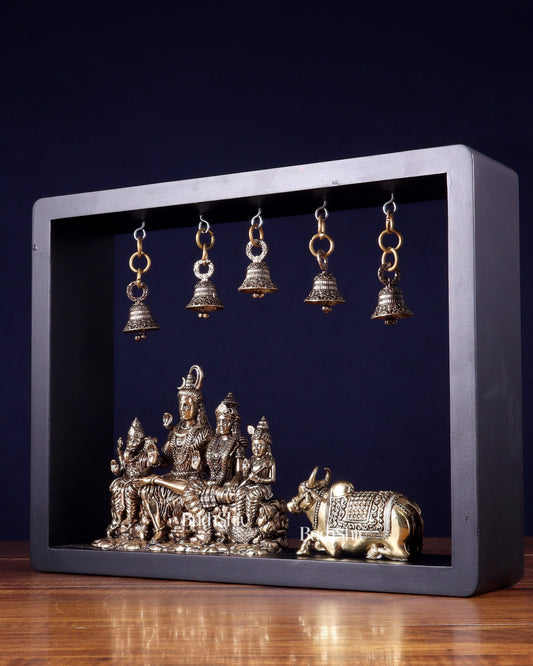 Pure Brass Lord Shiva Parivar with Nandi & Hanging Bells on MDF Frame – 11 Inch
