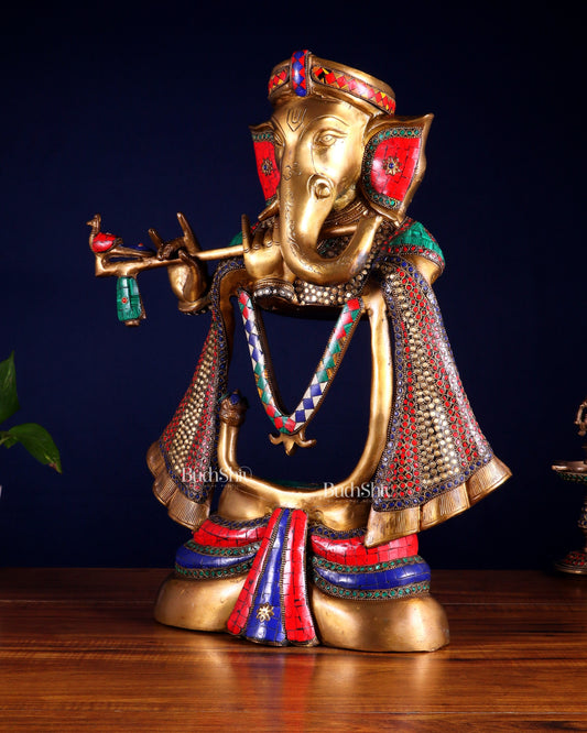 Brass Modern Ganesha playing flute Statue - 20 Inch